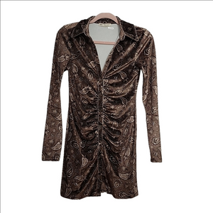 NWOT STRADIVARIUS velvet velour paisley ruche button front mini dress